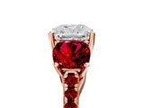 Rose gold Three-Stone Cushion Cut Diamond Ring with Round with Ruby side stone Pavé Band and Prong Setting_5
