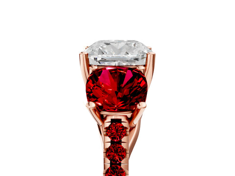 Rose gold Three-Stone Cushion Cut Diamond Ring with Round with Ruby side stone Pavé Band and Prong Setting_5