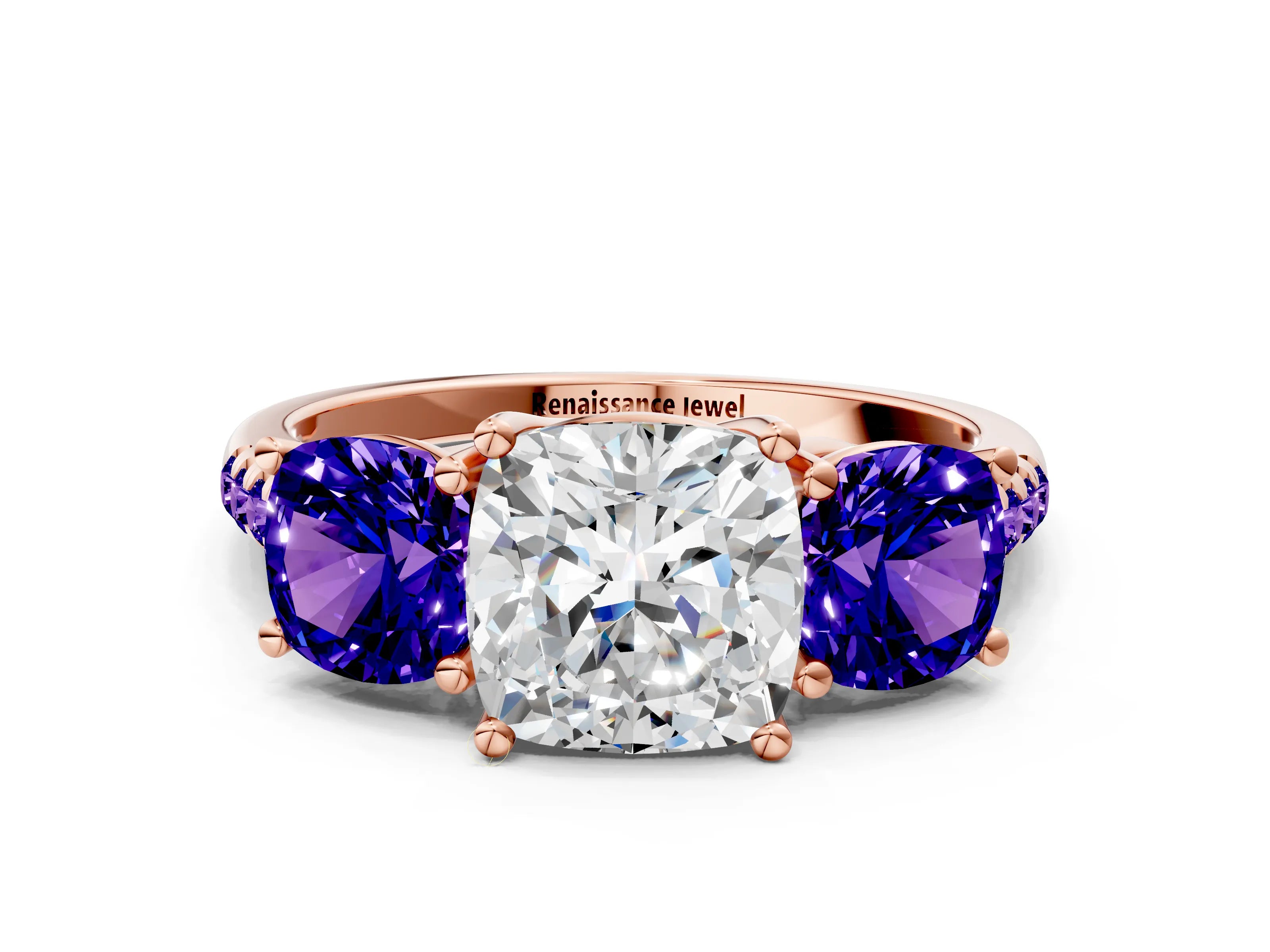 Rose gold Three-Stone Cushion Cut Diamond Ring with Round with Tanzanite side stone Pavé Band and Prong Setting