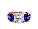 Rose gold Three-Stone Cushion Cut Diamond Ring with Round with Tanzanite side stone Pavé Band and Prong Setting