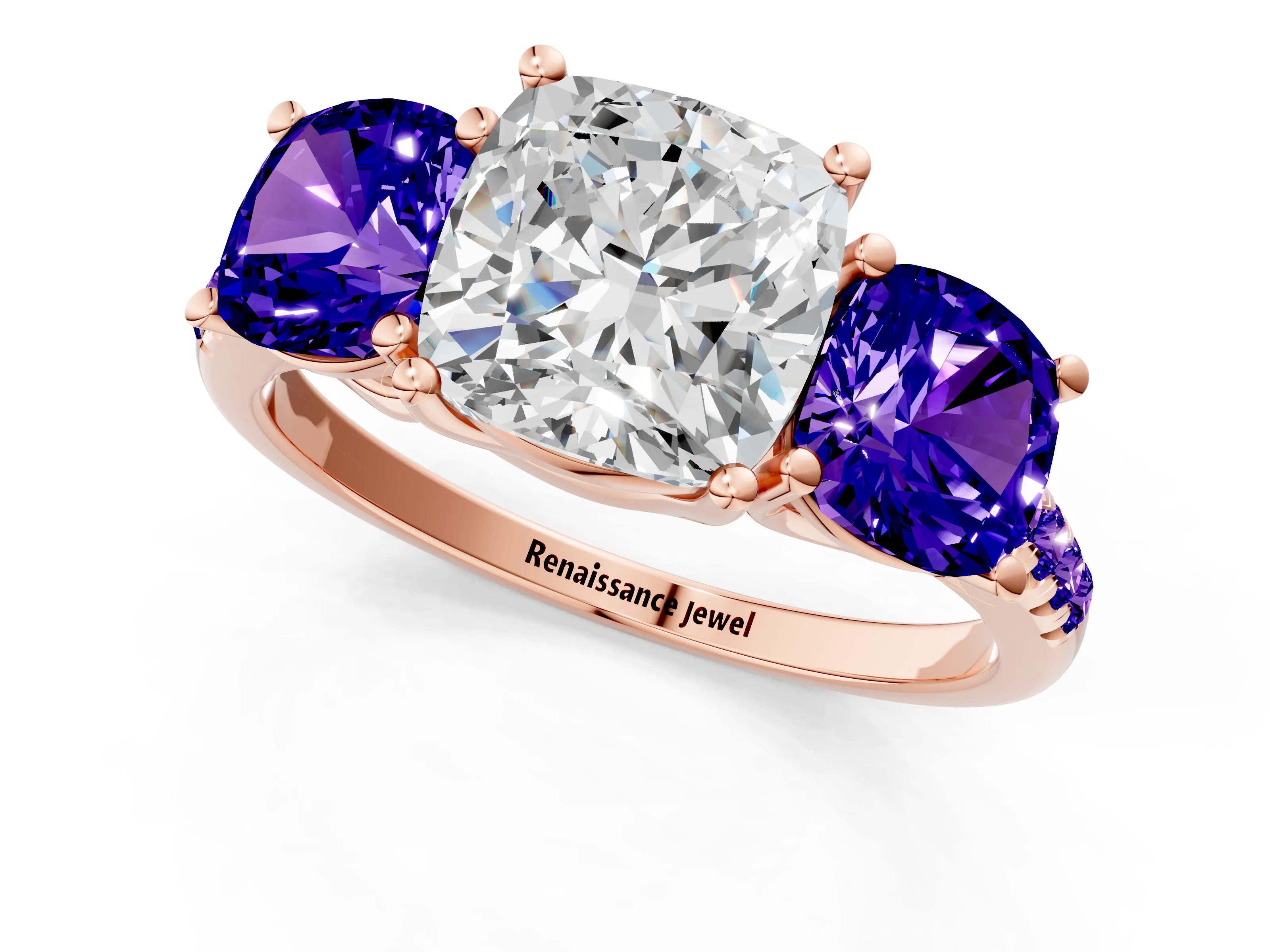 Rose gold Three-Stone Cushion Cut Diamond Ring with Round with Tanzanite side stone Pavé Band and Prong Setting_1