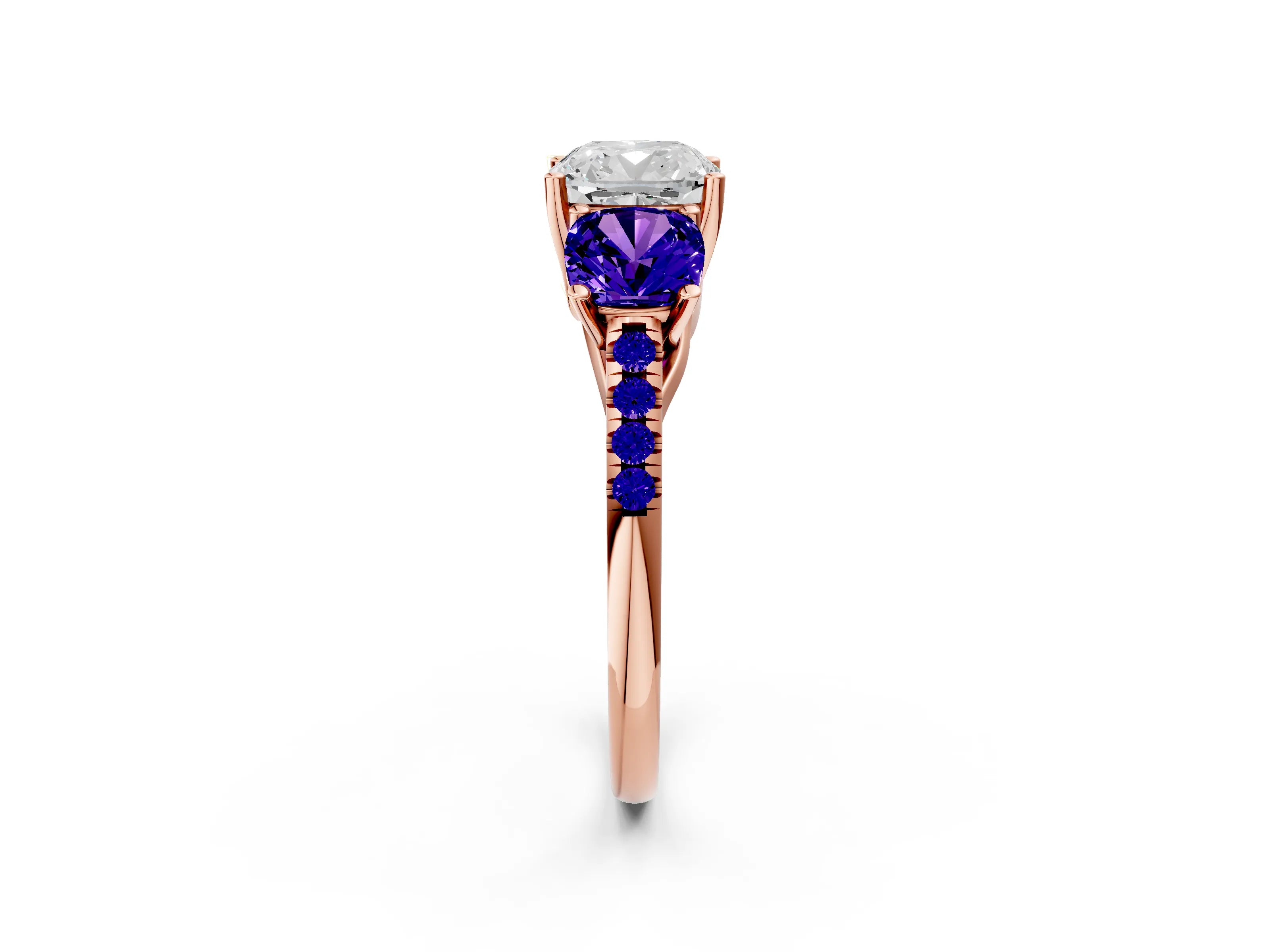 Rose gold Three-Stone Cushion Cut Diamond Ring with Round with Tanzanite side stone Pavé Band and Prong Setting_2