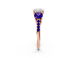 Rose gold Three-Stone Cushion Cut Diamond Ring with Round with Tanzanite side stone Pavé Band and Prong Setting_2