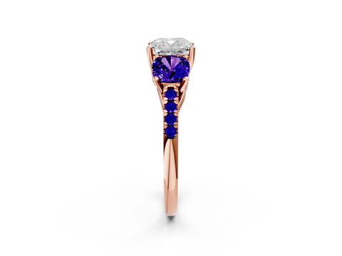 Rose gold Three-Stone Cushion Cut Diamond Ring with Round with Tanzanite side stone Pavé Band and Prong Setting_2