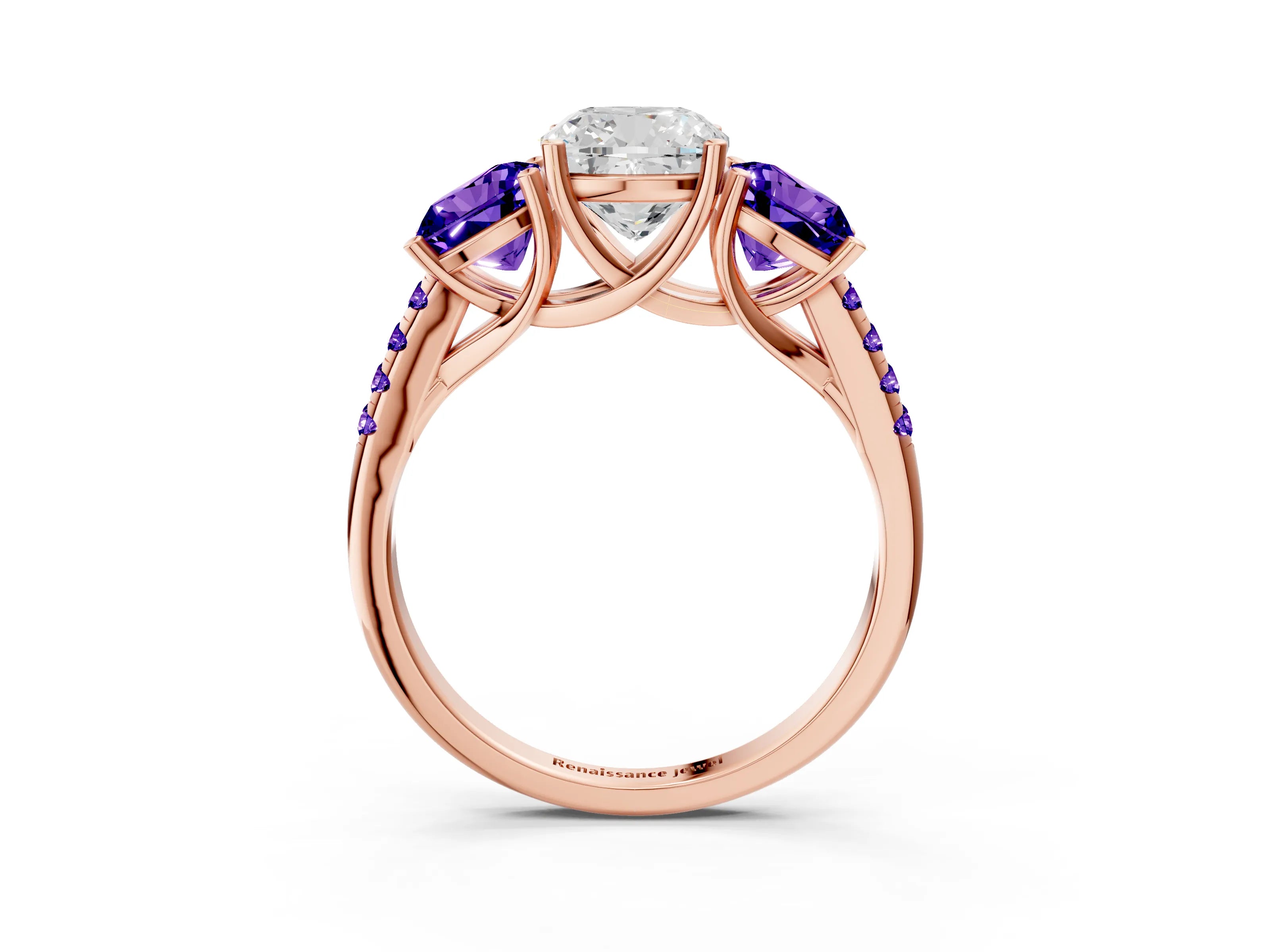 Rose gold Three-Stone Cushion Cut Diamond Ring with Round with Tanzanite side stone Pavé Band and Prong Setting_3