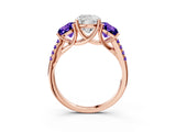 Rose gold Three-Stone Cushion Cut Diamond Ring with Round with Tanzanite side stone Pavé Band and Prong Setting_3