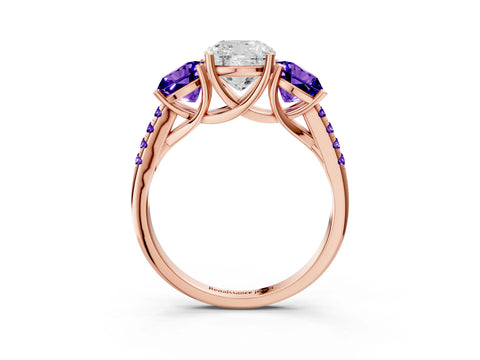 Rose gold Three-Stone Cushion Cut Diamond Ring with Round with Tanzanite side stone Pavé Band and Prong Setting_3