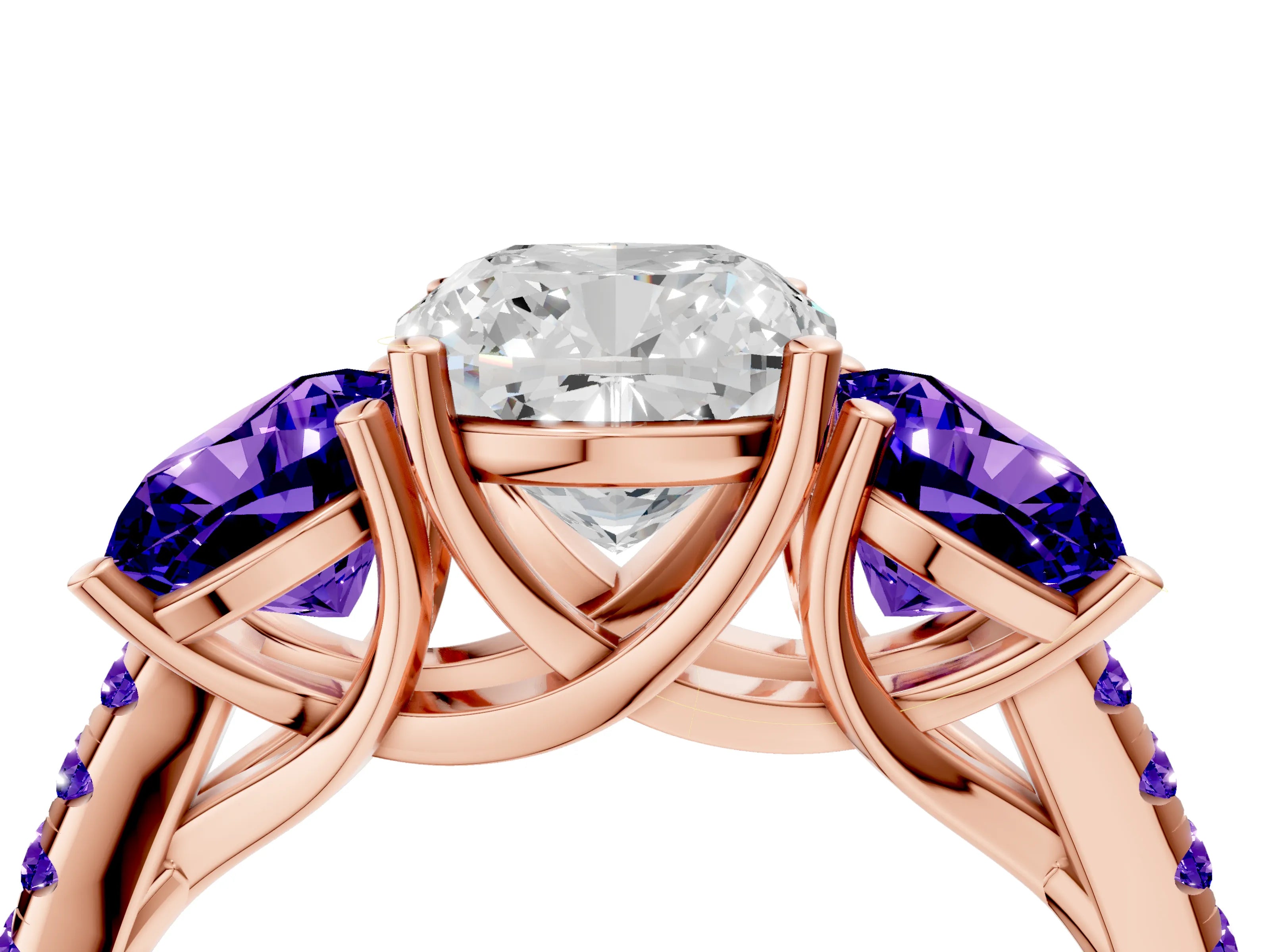 Rose gold Three-Stone Cushion Cut Diamond Ring with Round with Tanzanite side stone Pavé Band and Prong Setting_4
