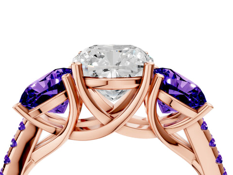 Rose gold Three-Stone Cushion Cut Diamond Ring with Round with Tanzanite side stone Pavé Band and Prong Setting_4