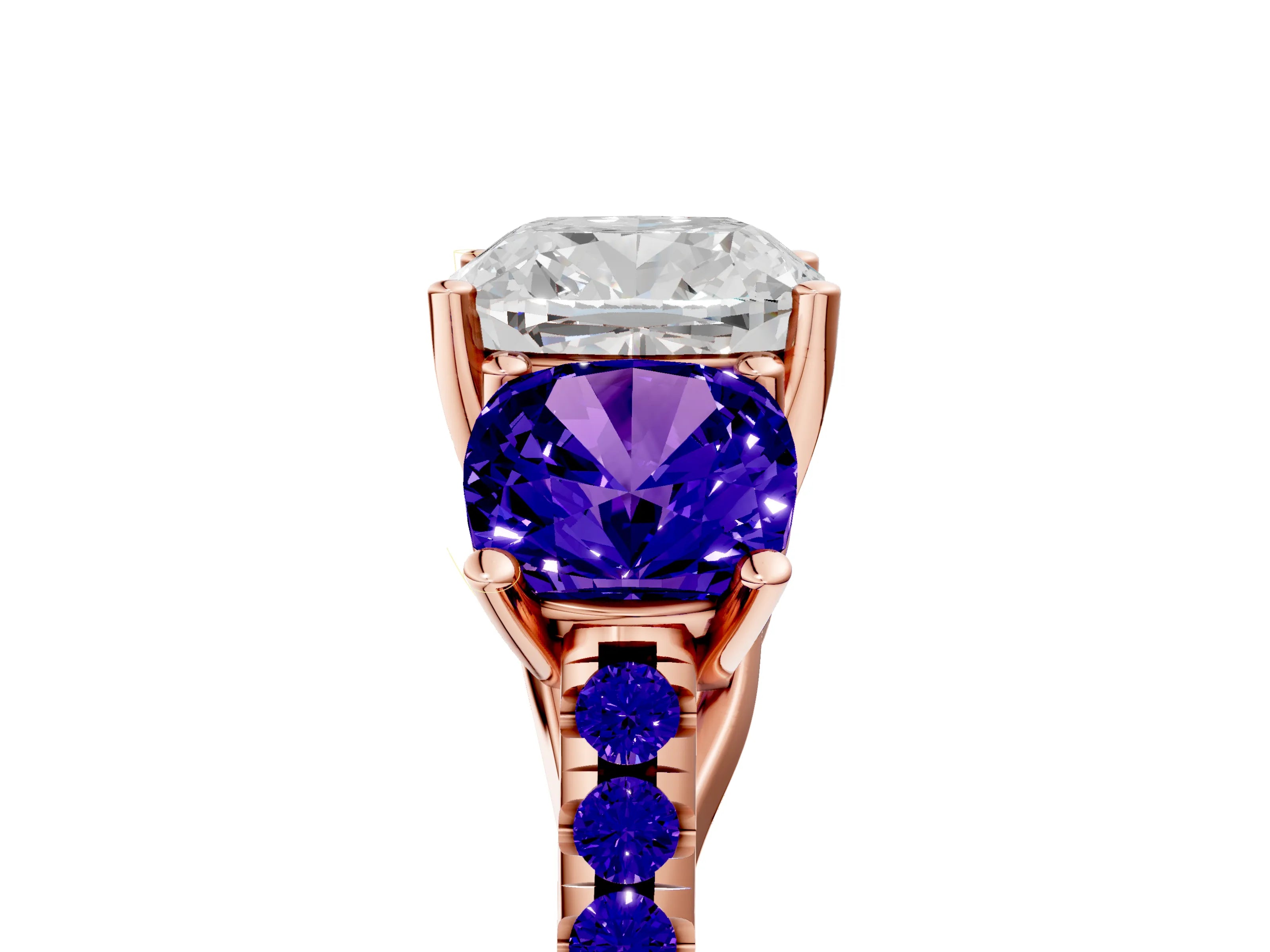 Rose gold Three-Stone Cushion Cut Diamond Ring with Round with Tanzanite side stone Pavé Band and Prong Setting_5