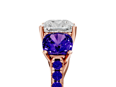 Rose gold Three-Stone Cushion Cut Diamond Ring with Round with Tanzanite side stone Pavé Band and Prong Setting_5