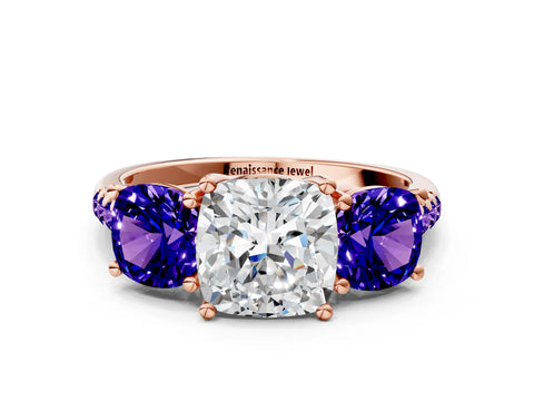 Rose gold Three-Stone Cushion Cut Diamond Ring with Round with Tanzanite side stone Pavé Band and Prong Setting