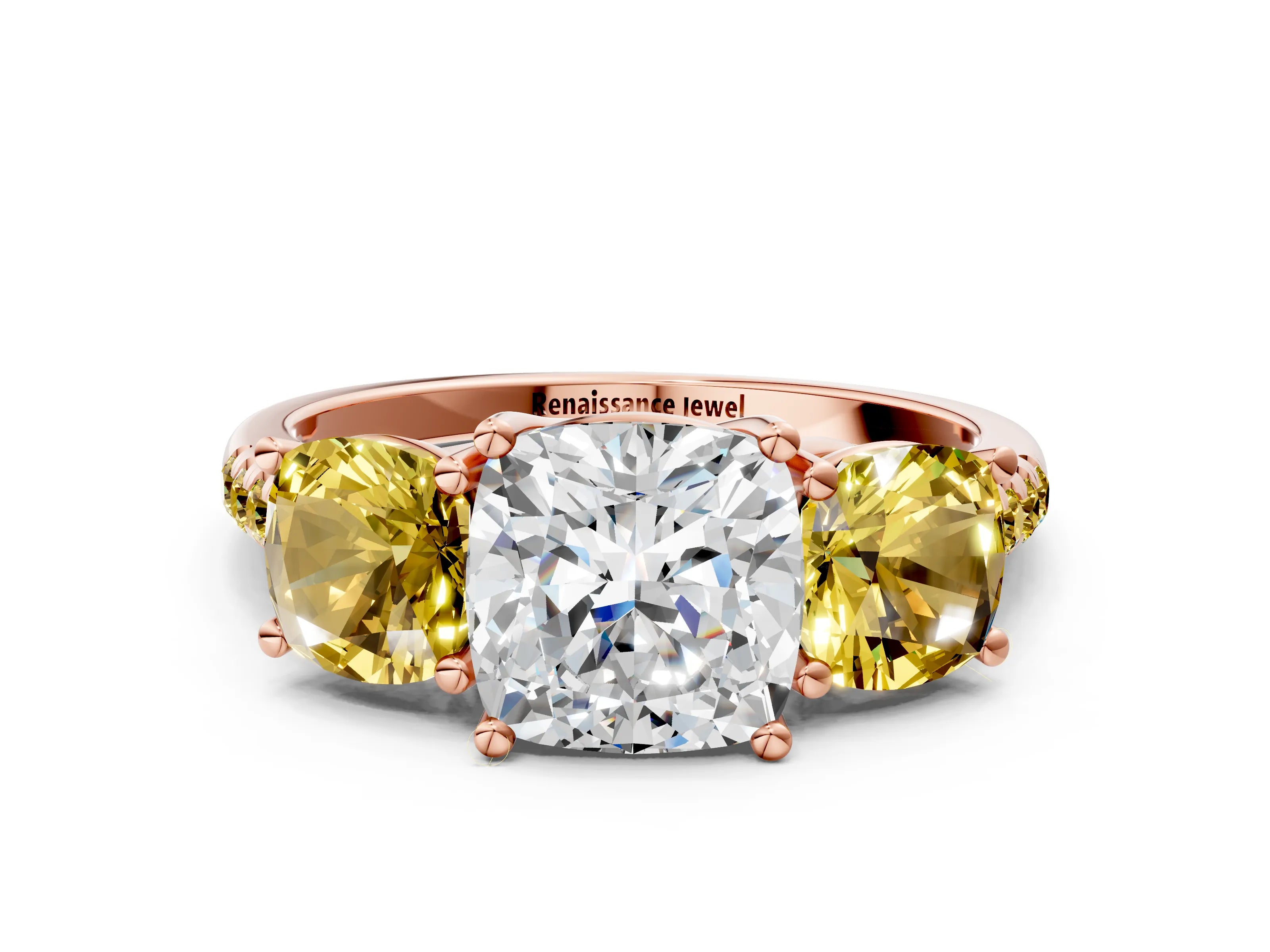 Rose gold Three-Stone Cushion Cut Diamond Ring with Round with Yellow Sapphire side stone Pavé Band and Prong Setting