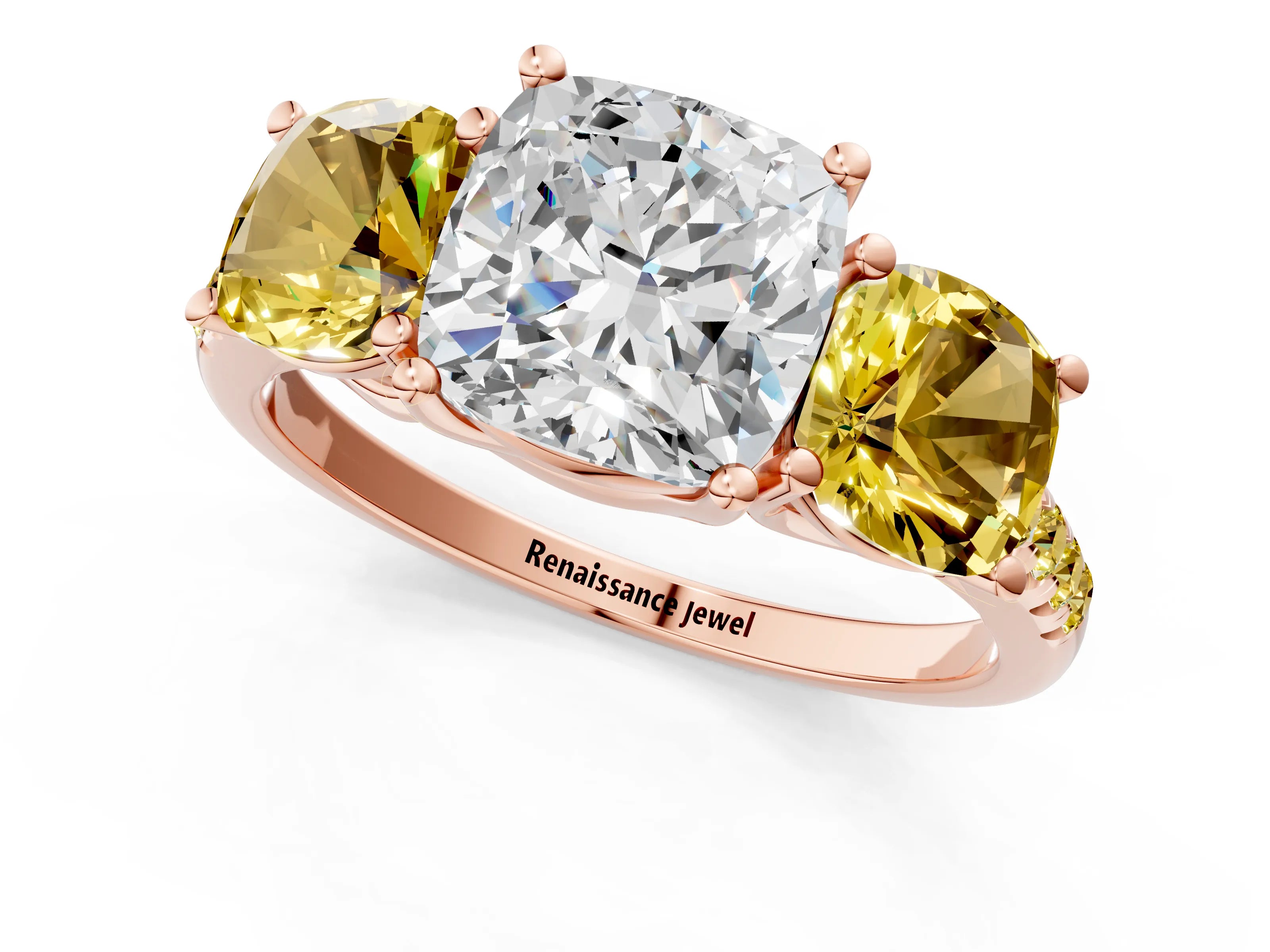 Rose gold Three-Stone Cushion Cut Diamond Ring with Round with Yellow Sapphire side stone Pavé Band and Prong Setting_1