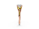 Rose gold Three-Stone Cushion Cut Diamond Ring with Round with Yellow Sapphire side stone Pavé Band and Prong Setting_2
