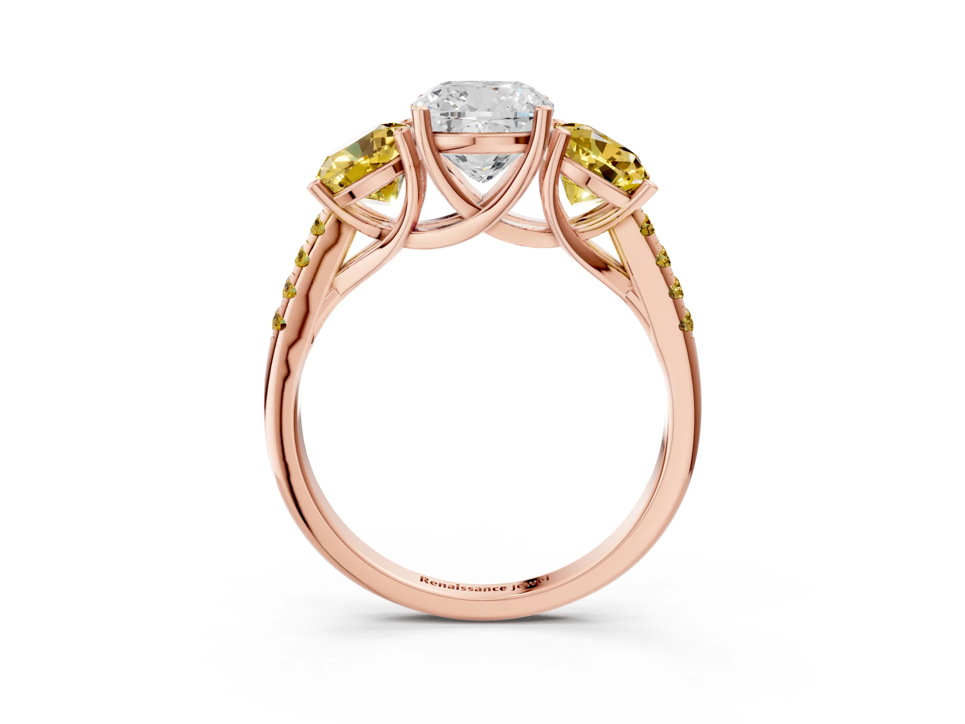 Rose gold Three-Stone Cushion Cut Diamond Ring with Round with Yellow Sapphire side stone Pavé Band and Prong Setting_3