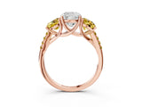 Rose gold Three-Stone Cushion Cut Diamond Ring with Round with Yellow Sapphire side stone Pavé Band and Prong Setting_3