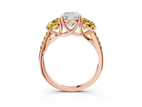 Rose gold Three-Stone Cushion Cut Diamond Ring with Round with Yellow Sapphire side stone Pavé Band and Prong Setting_3