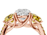Rose gold Three-Stone Cushion Cut Diamond Ring with Round with Yellow Sapphire side stone Pavé Band and Prong Setting_4