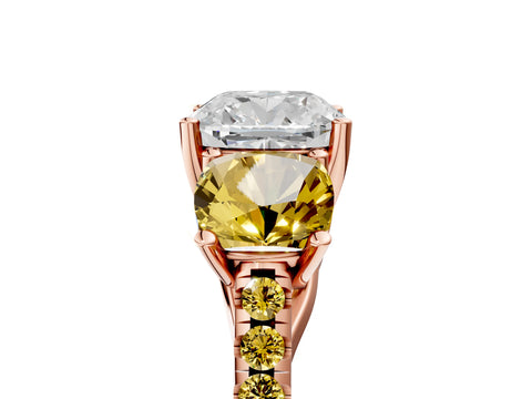 Rose gold Three-Stone Cushion Cut Diamond Ring with Round with Yellow Sapphire side stone Pavé Band and Prong Setting_5