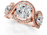 Rose gold Three-Stone Cushion Cut Diamond Wave Pave Band with Prong Setting_28