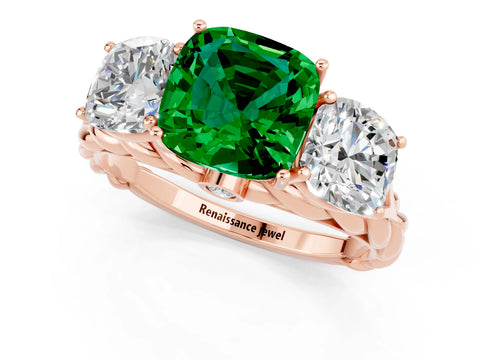 Rose gold Three-Stone Cushion Cut Emerald Braided Band Ring with Four-Prong Setting_13