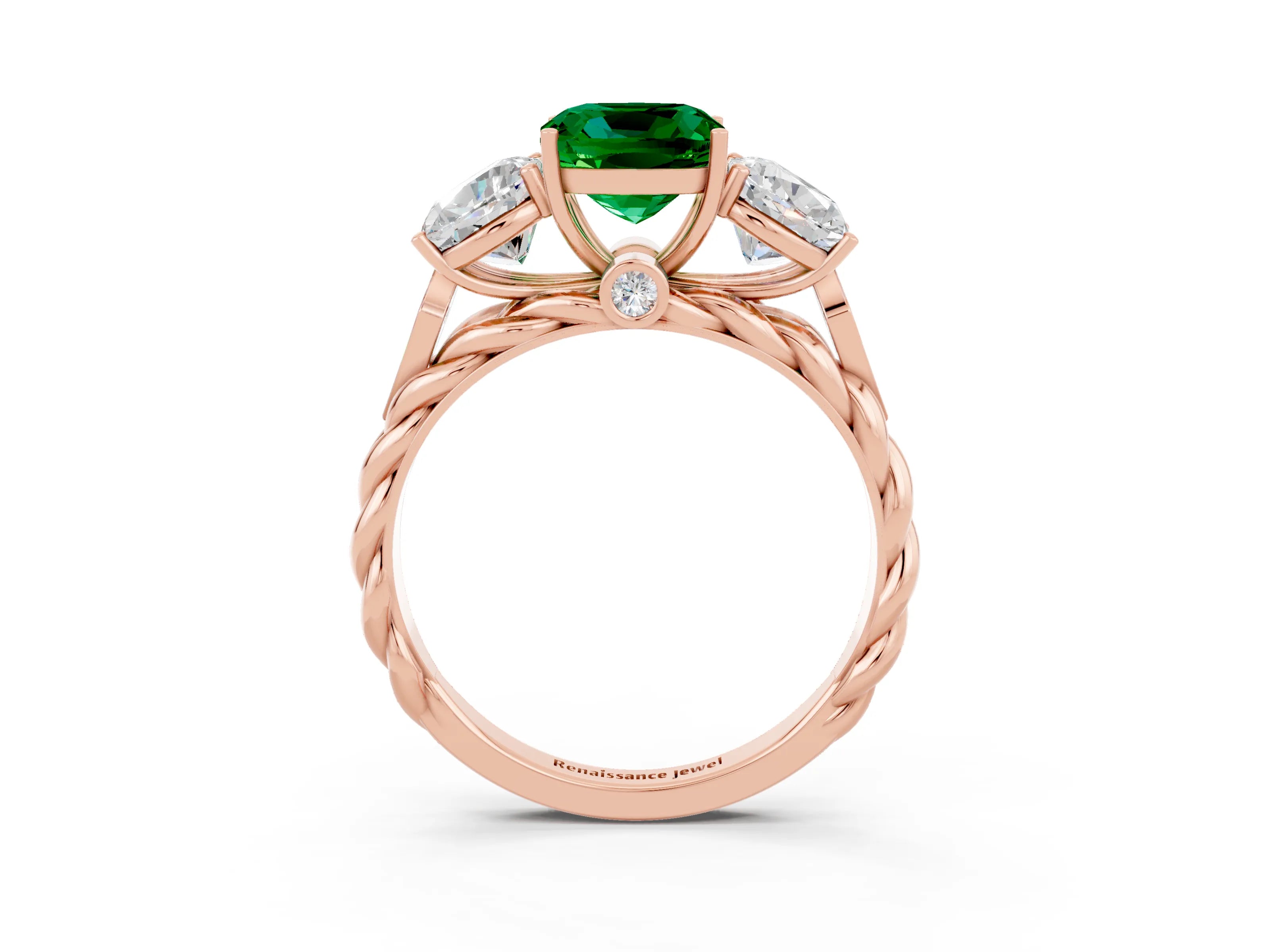 Rose gold Three-Stone Cushion Cut Emerald Braided Band Ring with Four-Prong Setting_15