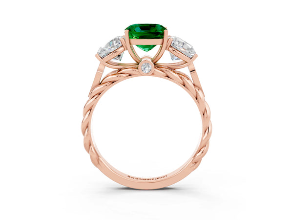 Rose gold Three-Stone Cushion Cut Emerald Braided Band Ring with Four-Prong Setting