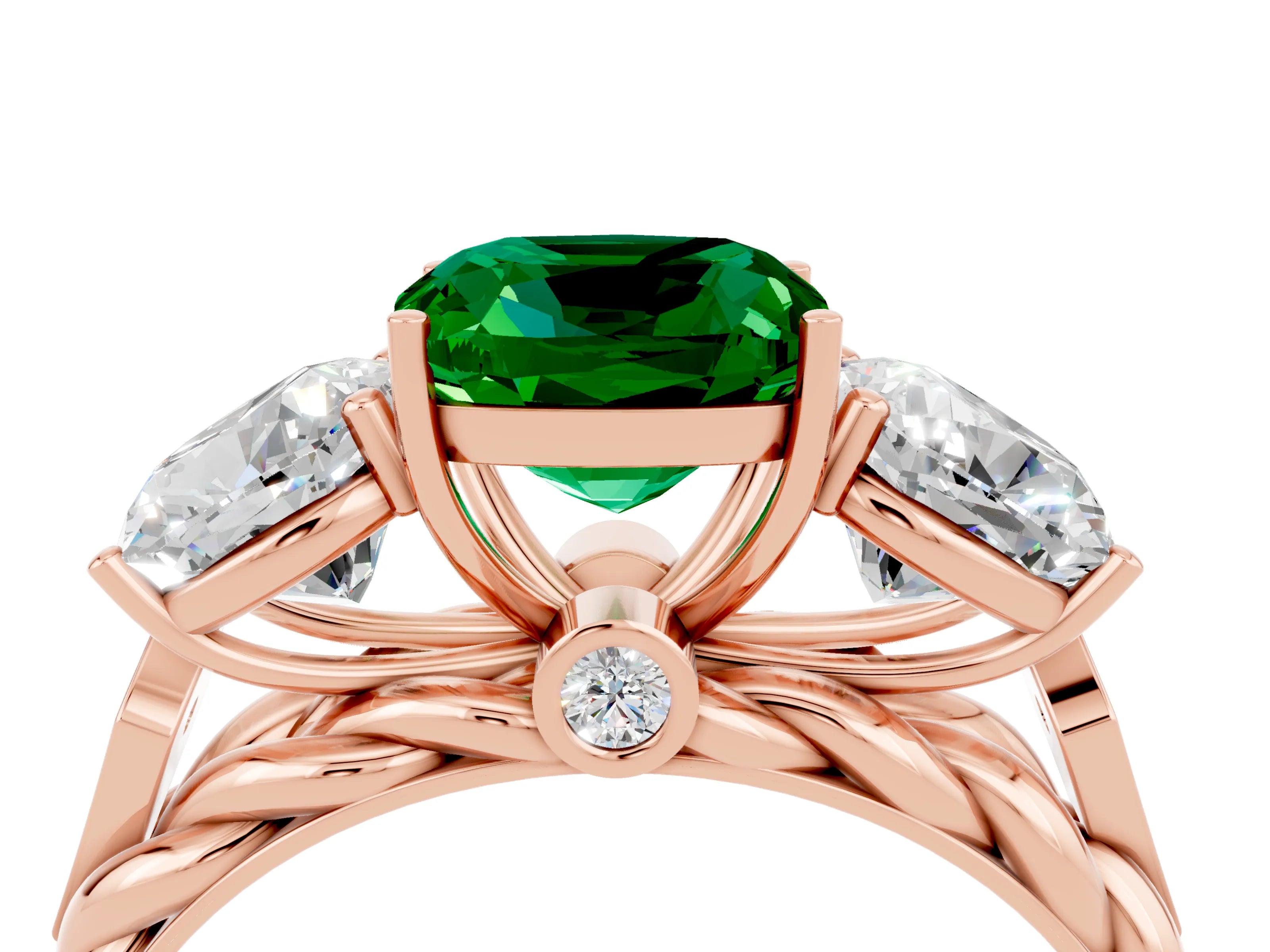 Rose gold Three-Stone Cushion Cut Emerald Braided Band Ring with Four-Prong Setting_16