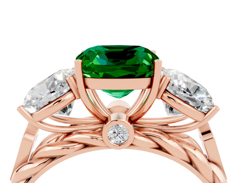Rose gold Three-Stone Cushion Cut Emerald Braided Band Ring with Four-Prong Setting_16