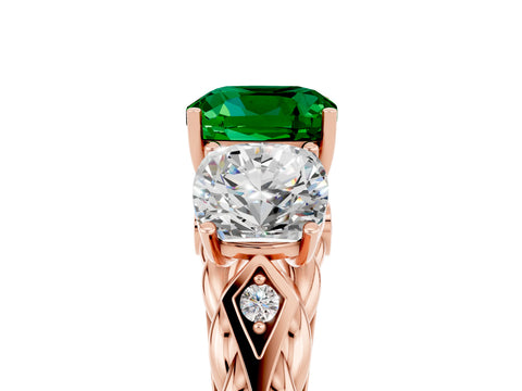 Rose gold Three-Stone Cushion Cut Emerald Braided Band Ring with Four-Prong Setting_17