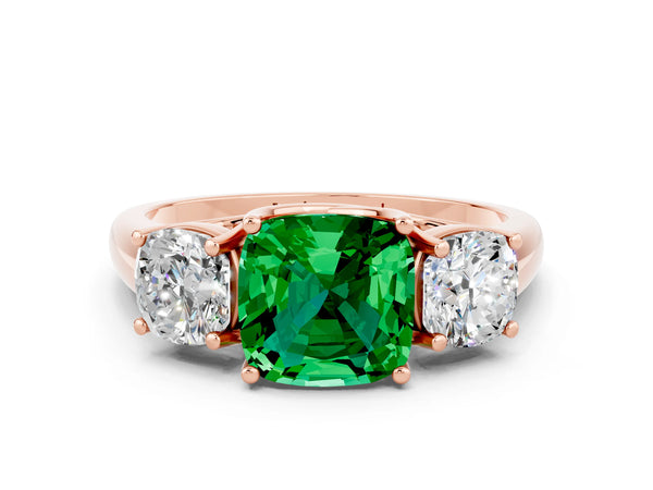 Rose gold Three-Stone Cushion Cut Emerald Engagement Ring with Prong Setting