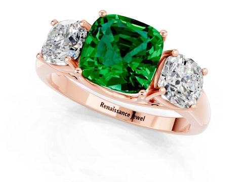 Rose gold Three-Stone Cushion Cut Emerald Engagement Ring with Prong Setting_1