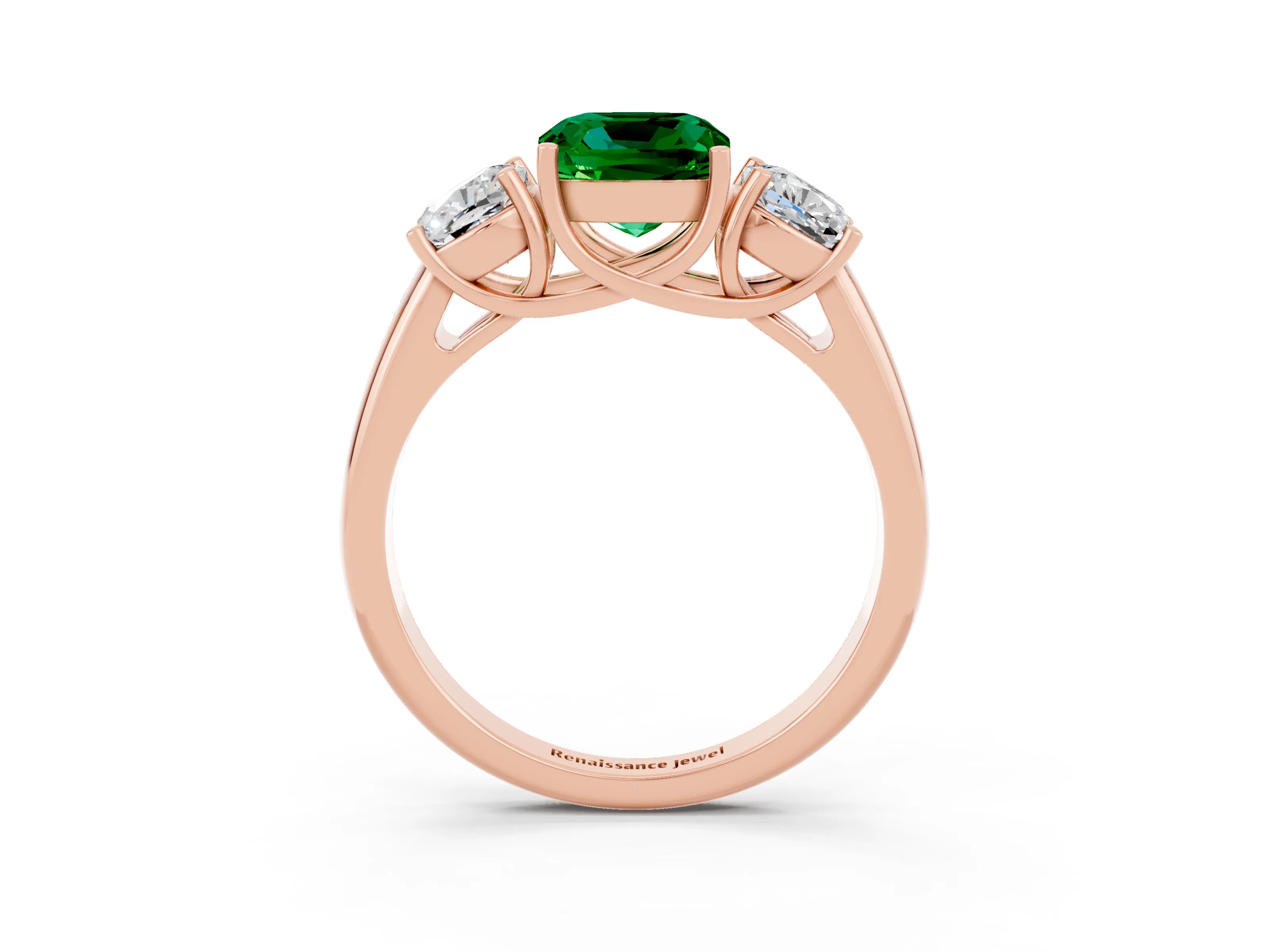 Rose gold Three-Stone Cushion Cut Emerald Engagement Ring with Prong Setting_3