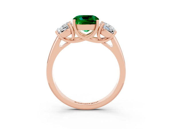 Rose gold Three-Stone Cushion Cut Emerald Engagement Ring with Prong Setting
