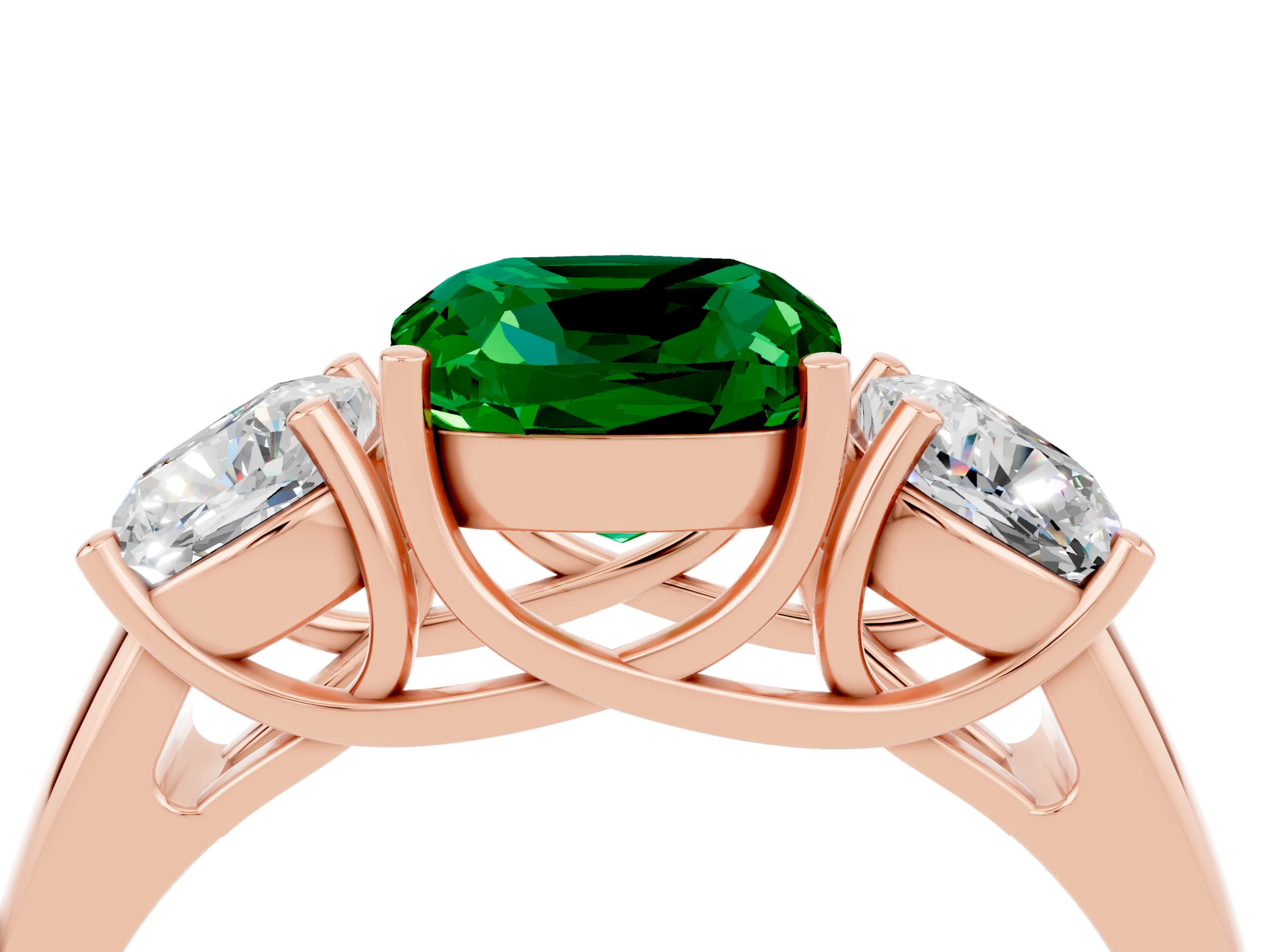 Rose gold Three-Stone Cushion Cut Emerald Engagement Ring with Prong Setting_4