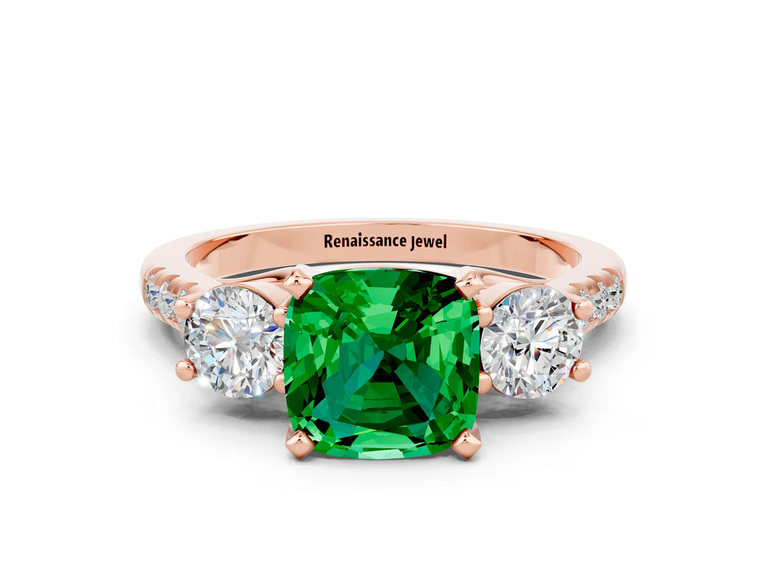 Rose gold Three-Stone Cushion Cut Emerald Pavé Band with Four-Prong Setting