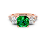 Rose gold Three-Stone Cushion Cut Emerald Pavé Band with Four-Prong Setting