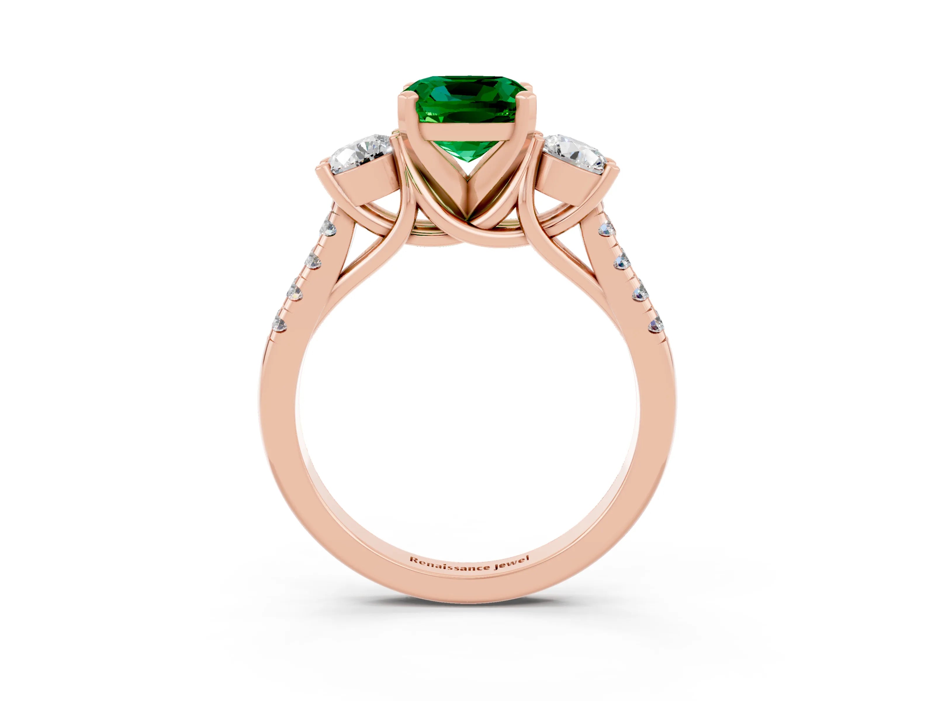 Rose gold Three-Stone Cushion Cut Emerald Pavé Band with Four-Prong Setting_3