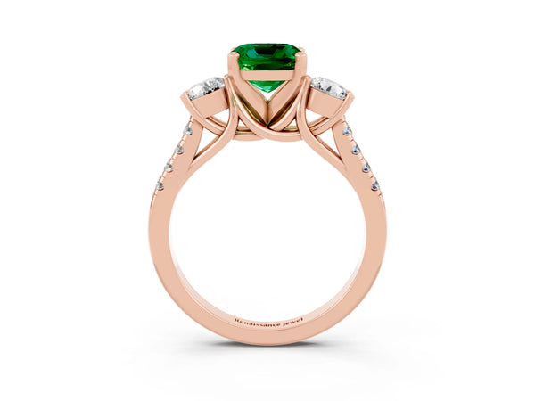 Rose gold Three-Stone Cushion Cut Emerald Pavé Band with Four-Prong Setting