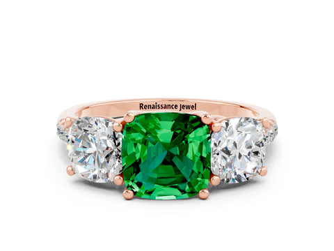 Rose gold Three-Stone Cushion Cut Emerald Ring with Pavé Band and Prong Setting_12