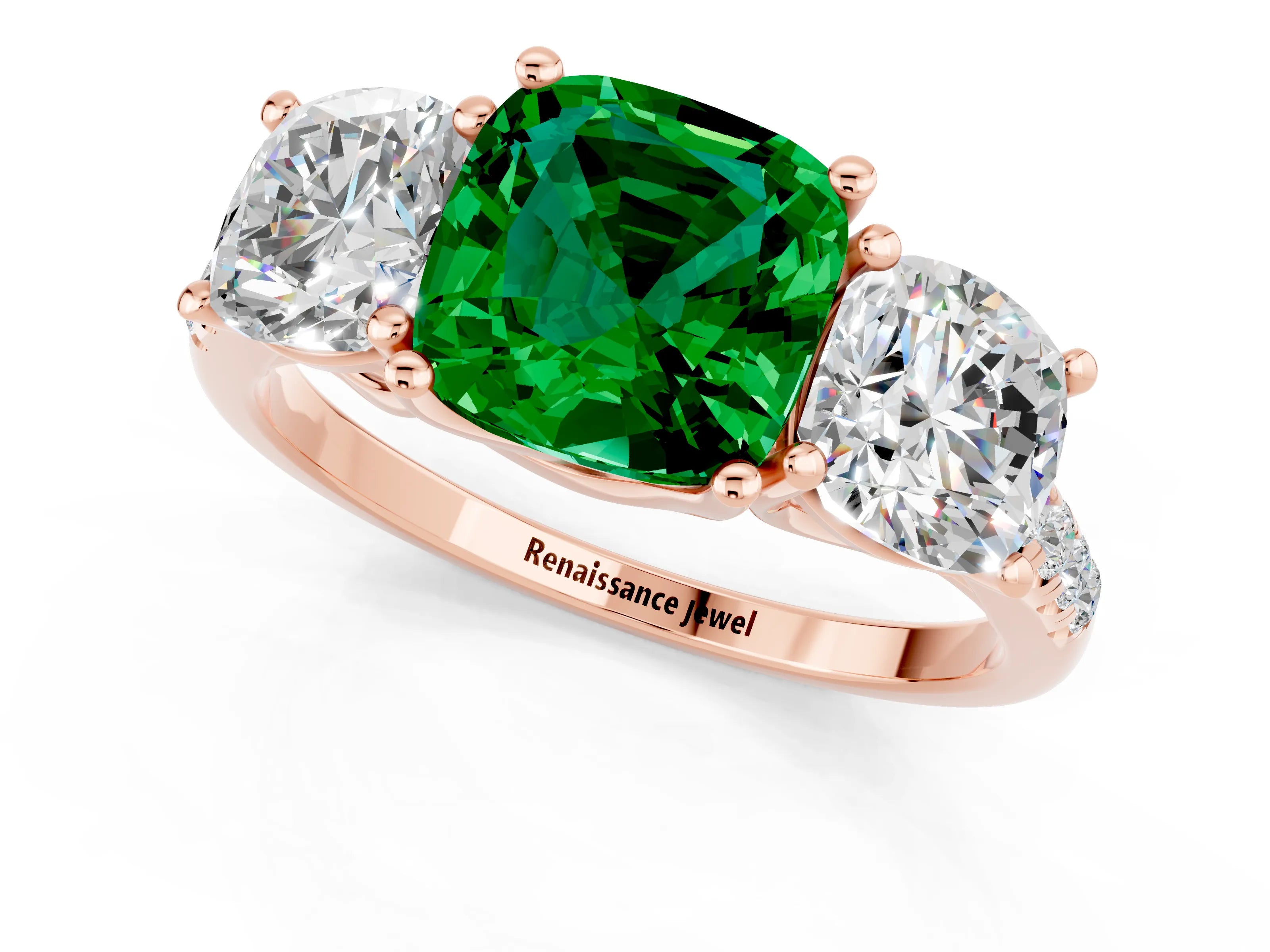 Rose gold Three-Stone Cushion Cut Emerald Ring with Pavé Band and Prong Setting_13