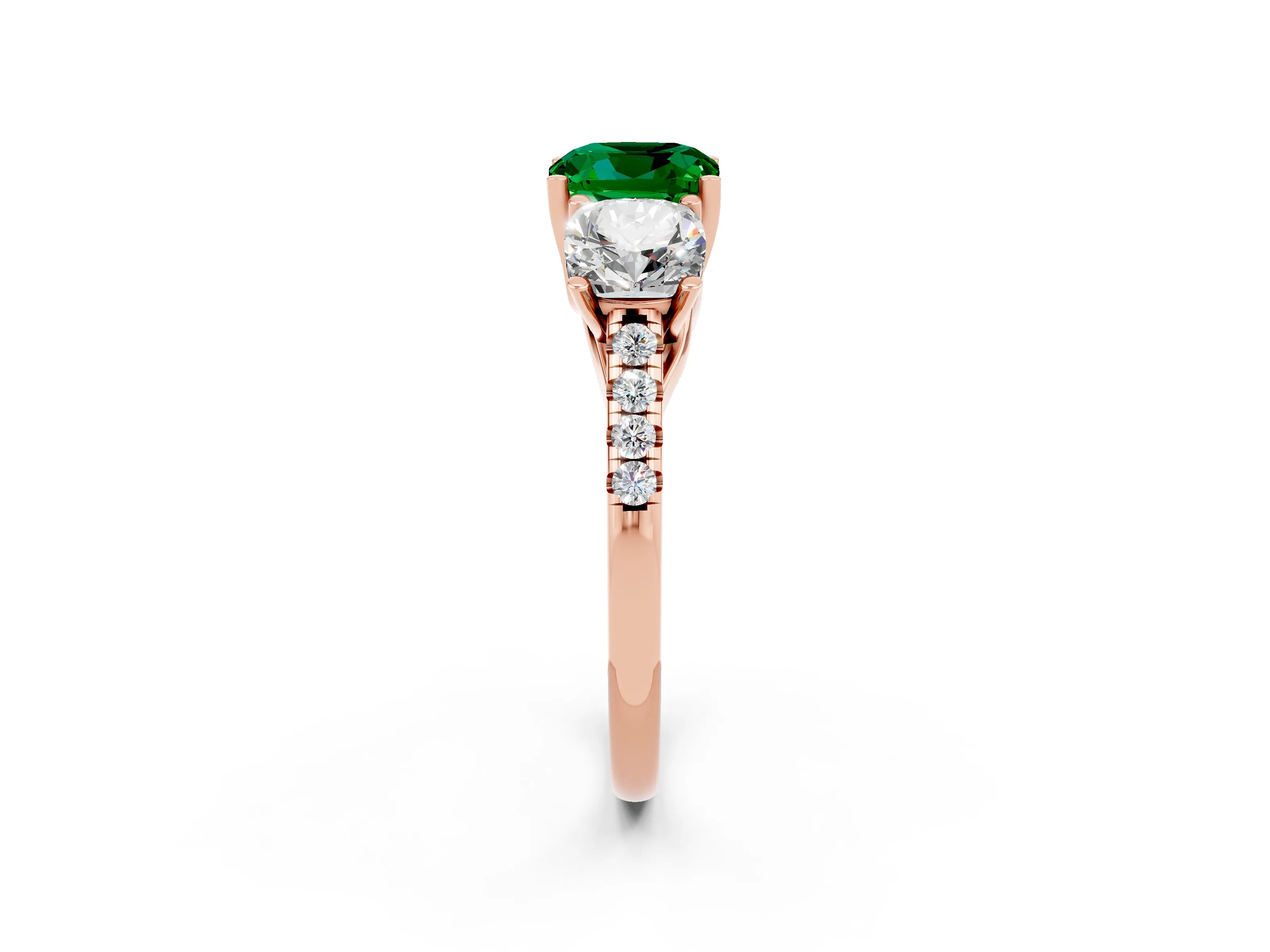 Rose gold Three-Stone Cushion Cut Emerald Ring with Pavé Band and Prong Setting_14
