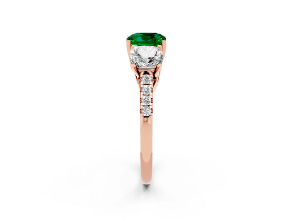 Rose gold Three-Stone Cushion Cut Emerald Ring with Round  Pavé Band and Prong Setting