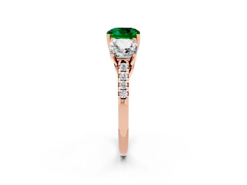 Rose gold Three-Stone Cushion Cut Emerald Ring with Pavé Band and Prong Setting_14
