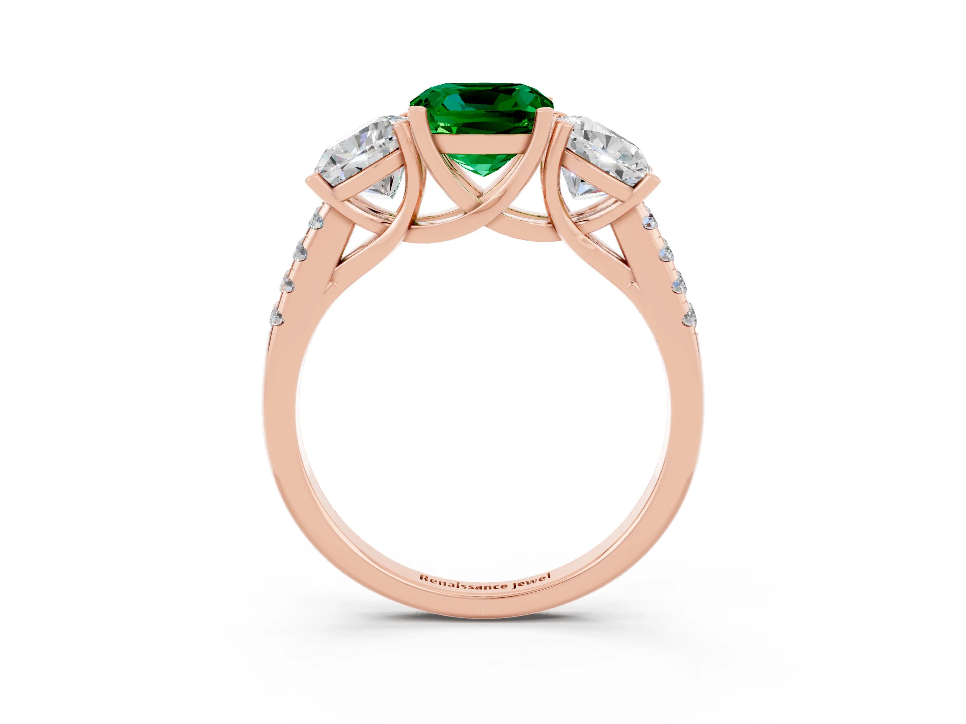 Rose gold Three-Stone Cushion Cut Emerald Ring with Pavé Band and Prong Setting_15