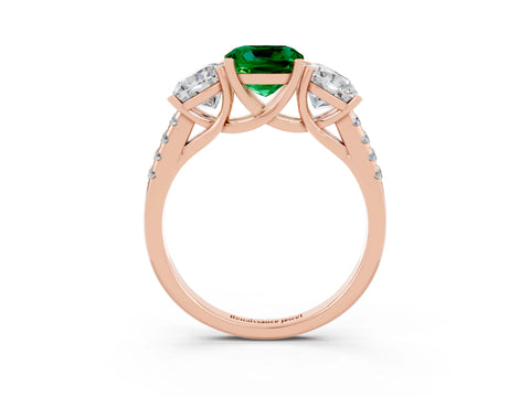 Rose gold Three-Stone Cushion Cut Emerald Ring with Pavé Band and Prong Setting_15