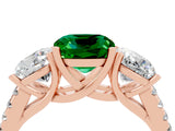 Rose gold Three-Stone Cushion Cut Emerald Ring with Pavé Band and Prong Setting_16