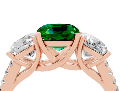 Rose gold Three-Stone Cushion Cut Emerald Ring with Pavé Band and Prong Setting_16