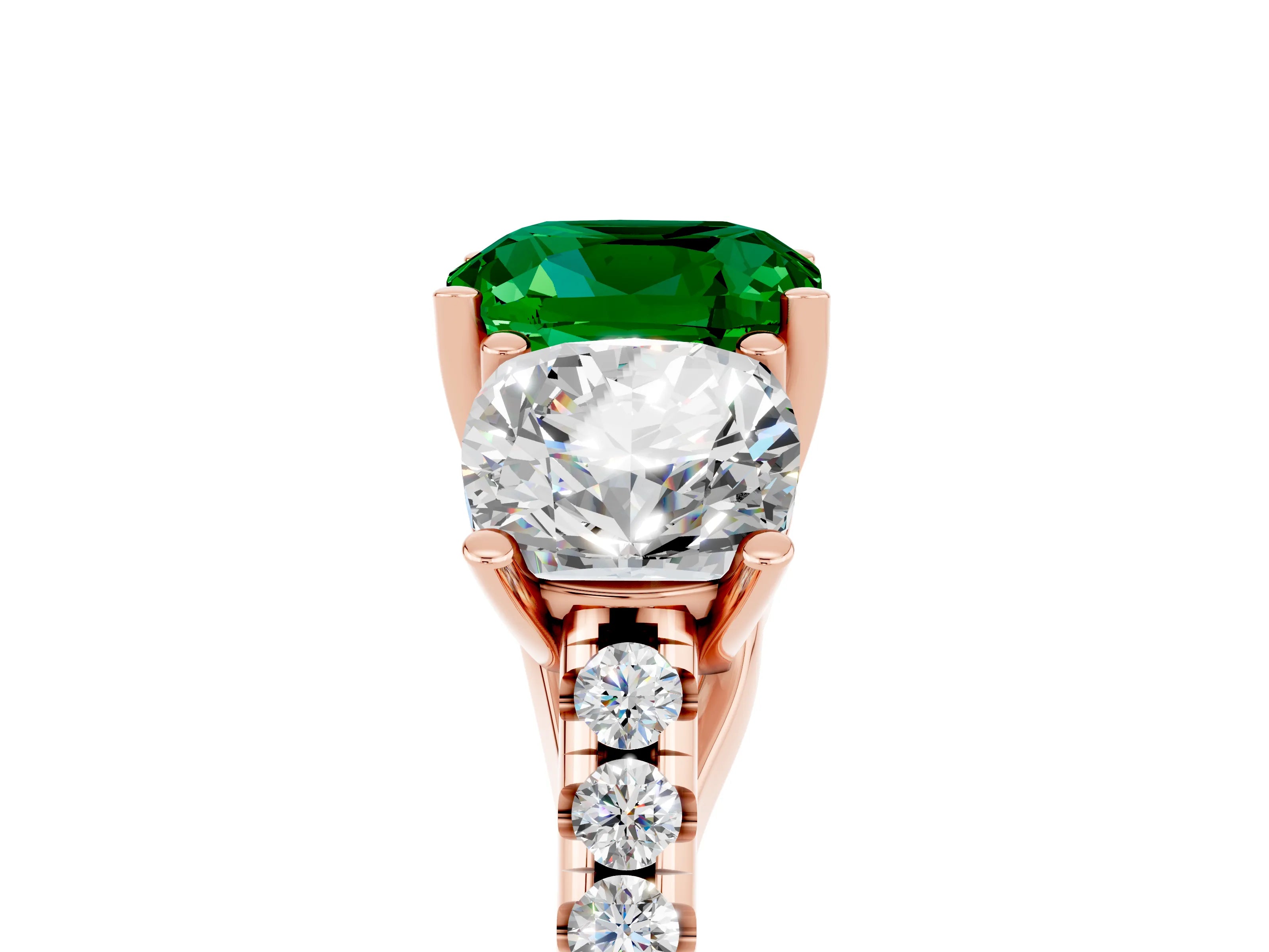 Rose gold Three-Stone Cushion Cut Emerald Ring with Pavé Band and Prong Setting_17